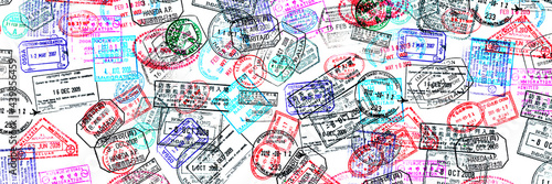 Panoramic background of passport stamps, visas travel concept web banner photo