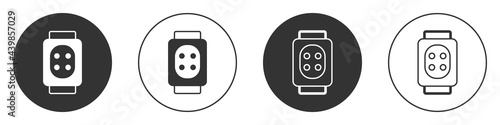 Black Knee pads icon isolated on white background. Extreme sport. Skateboarding, bicycle, roller skating protective gear. Circle button. Vector