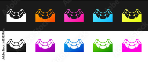 Set Skate park icon isolated on black and white background. Set of ramp, roller, stairs for a skatepark. Extreme sport. Vector