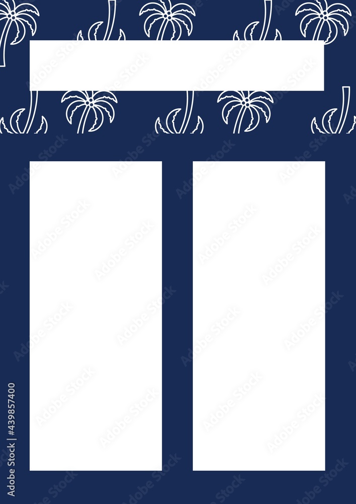 Obraz premium Travel template with copy space and multiple palm trees icons on blue background