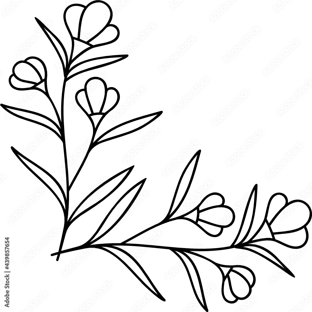 Naklejka premium Leaves with Flowers Bouquet Line Art Illustration
