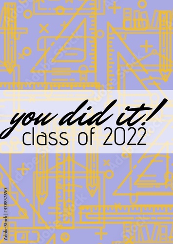 You did it class of 2021 text against geometrical equipment icons on purple background