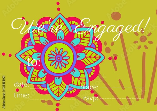 We are engaged text with copy space against colorful decorative floral designs on yellow background
