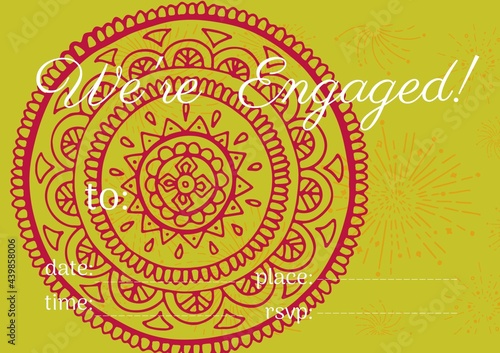 We are engaged text with copy space against decorative floral designs on yellow background