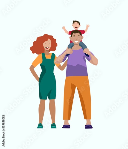 Young family and child are walking together isolated illustration on white background. Vector in flat style.