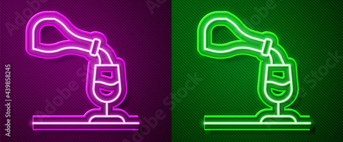 Glowing neon line Wine tasting, degustation icon isolated on purple and green background. Sommelier. Smells of wine. Vector
