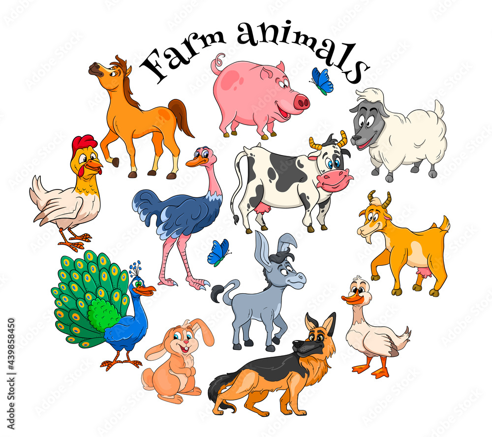 Naklejka premium Farm animals characters big set of cartoon rural animals