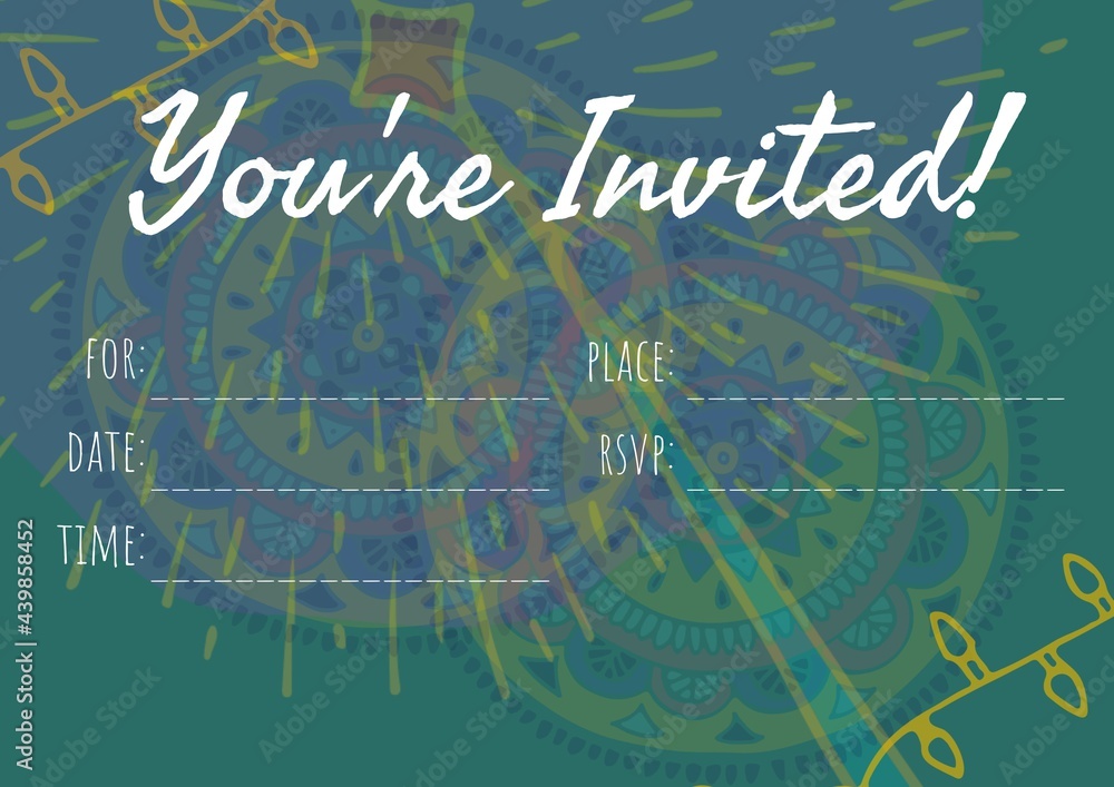 Fototapeta premium You are invited text with copy space against decorative colorful floral designs on green background