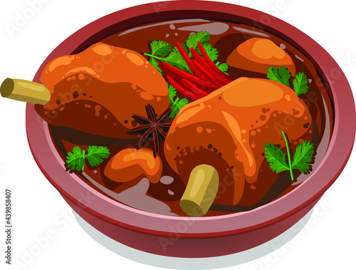 Vector Illustration of Mutton curry  or Lamb curry,spicy and delicious dish garnished with curry leaves ,coriander leaf and red chilli in an earthenware.