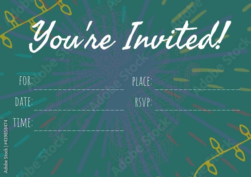 You are invited text with copy space against decorative colorful floral designs on green background