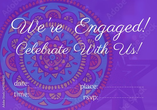 Engagement and celebration text with copy space against colorful floral design on purple background