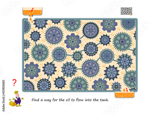 Logic puzzle game with labyrinth for children and adults. Find a way for the oil to flow into the tank. Worksheet for kids brain teaser book. Play online. Steampunk maze with gears for kids.