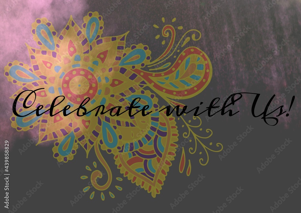 Obraz premium Celebrate with us text against colorful floral design and pink smoke effect on grey background