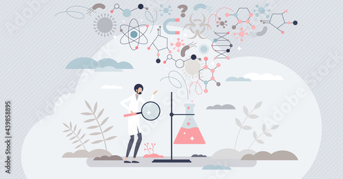 Science education as learning about research process tiny person concept. Physics, chemistry and biology explanation for non scientists and public vector illustration. School teaching with experiments