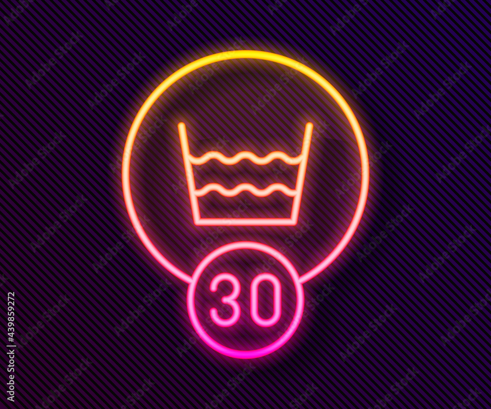 Glowing neon line Washing under 30 degrees celsius icon isolated on black background. Temperature wash. Vector Glowing neon line Washing under 30 degrees celsius icon isolated on black background. Temperature wash. Vector