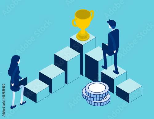 Business employee going upstairs by chart with trophy on top. Career growth isometric