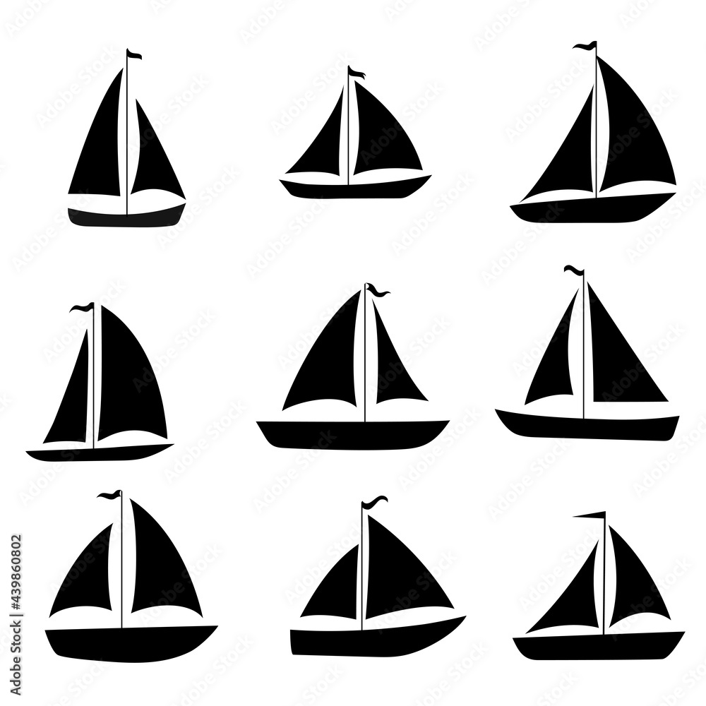 Yacht, sailboats set. Black silhouette isolated on white background. Stock vector illustration. Yacht, sailboats set. Black silhouette isolated on white background. Stock vector illustration.