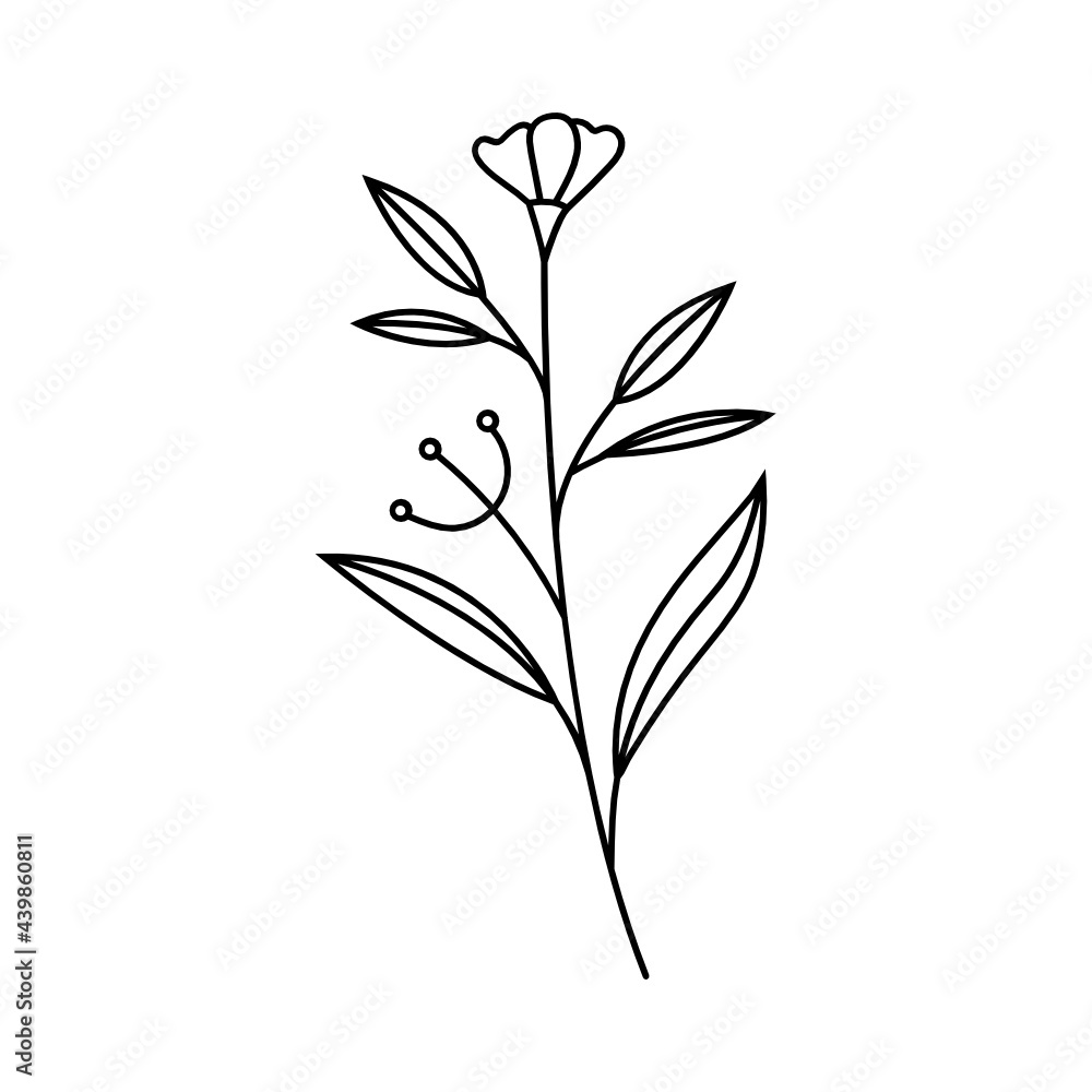 Fototapeta premium Leaves with Flowers Bouquet Line Art Illustration