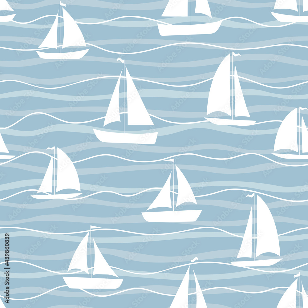 Fabric textile print template. Sailboats on the waves.