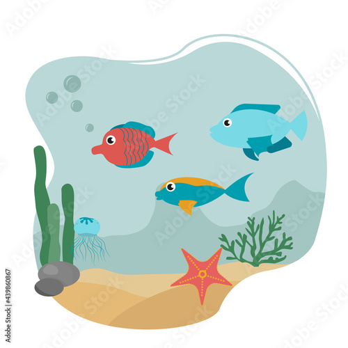 Fishes in ocean. Under water life, sea animals