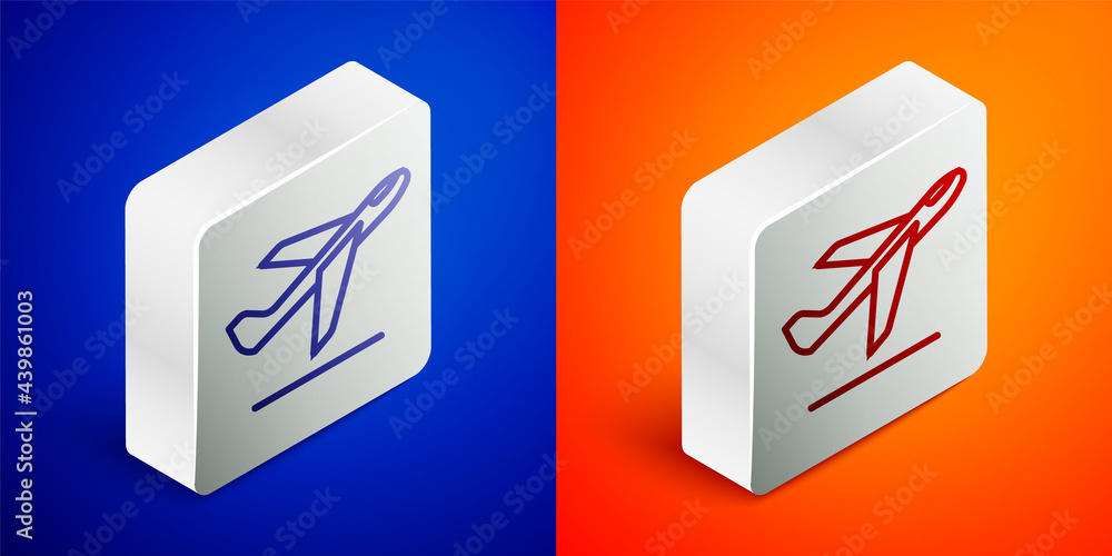 Isometric line Plane takeoff icon isolated on blue and orange background. Airplane transport symbol. Silver square button. Vector Isometric line Plane takeoff icon isolated on blue and orange background. Airplane transport symbol. Silver square button. Vector