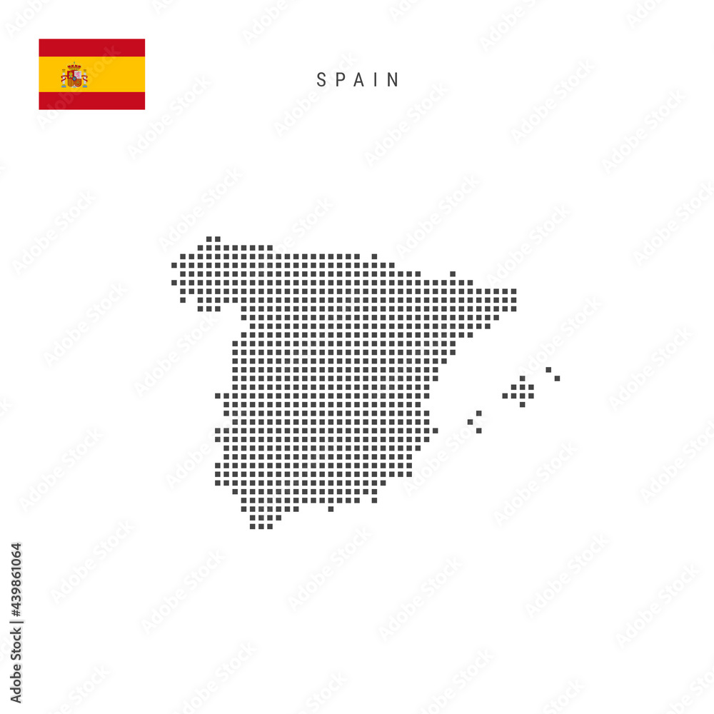 Square dots pattern map of Spain. Spanish dotted pixel map with flag. Vector illustration