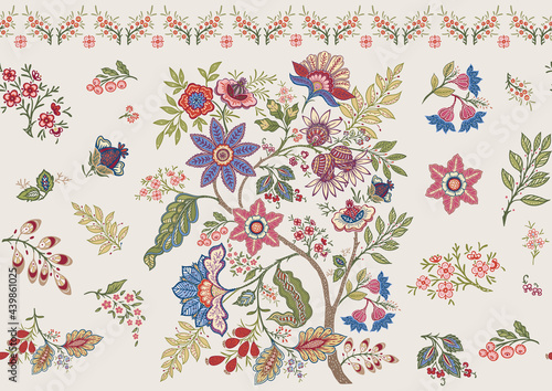 Fantasy flowers in retro, vintage, jacobean embroidery style. Seamless pattern, background. Vector illustration. On army green background.