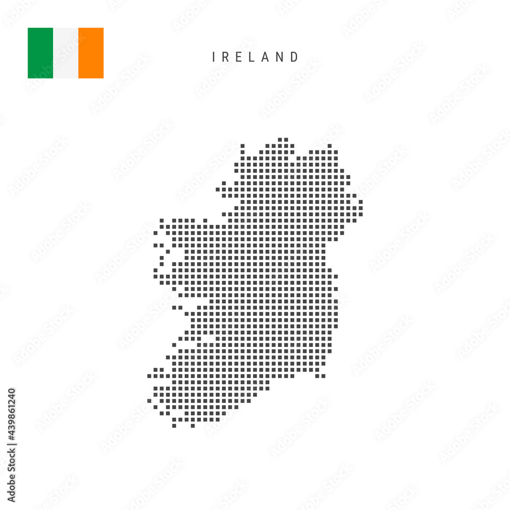 Square dots pattern map of Ireland. Irish dotted pixel map with flag. Vector illustration