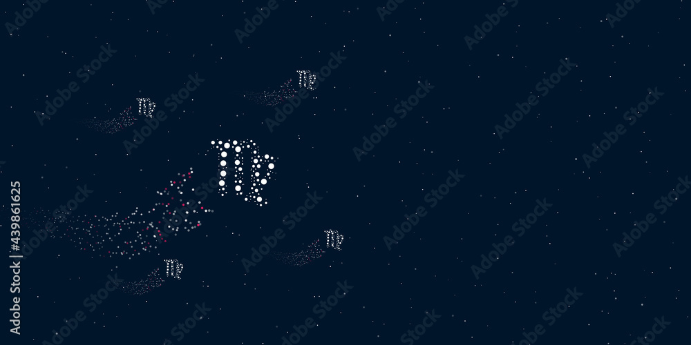 A zodiac virgo symbol filled with dots flies through the stars leaving a trail behind. There are four small symbols around. Vector illustration on dark blue background with stars