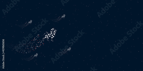 A lion symbol filled with dots flies through the stars leaving a trail behind. Four small symbols around. Empty space for text on the right. Vector illustration on dark blue background with stars