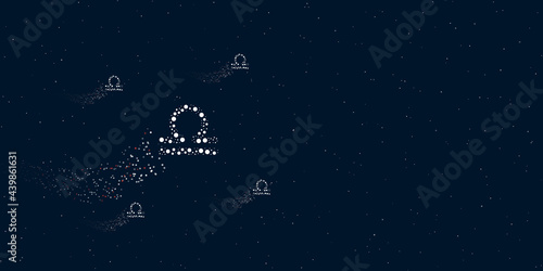 Fototapeta Naklejka Na Ścianę i Meble -  A zodiac libra symbol filled with dots flies through the stars leaving a trail behind. There are four small symbols around. Vector illustration on dark blue background with stars