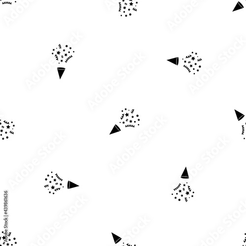 Seamless pattern of repeated black exploding party poppers. Elements are evenly spaced and some are rotated. Vector illustration on white background