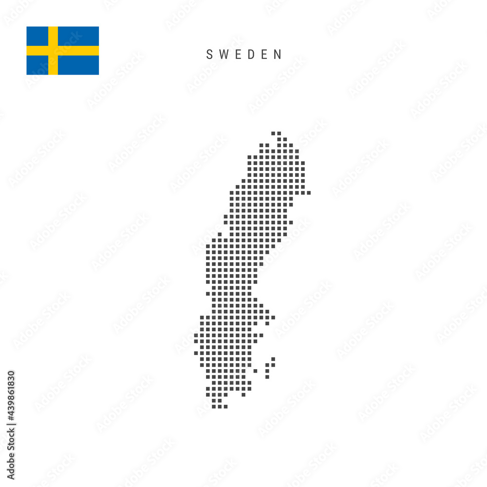 Square dots pattern map of Sweden. Swedish dotted pixel map with flag. Vector illustration