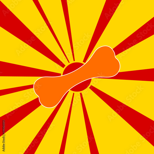 Dog bone symbol on a background of red flash explosion radial lines. The large orange symbol is located in the center of the sun, symbolizing the sunrise. Vector illustration on yellow background
