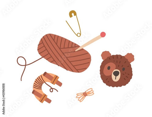 Pompom animal toy, yarn skein, threads and pins. Making pom-pom bear. Composition with handwork and handicraft accessories. Colored flat vector illustration isolated on white background