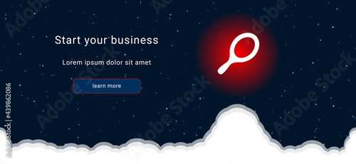 Business startup concept Landing page screen. The tennis symbol on the right is highlighted in bright red. Vector illustration on dark blue background with stars and curly clouds from below