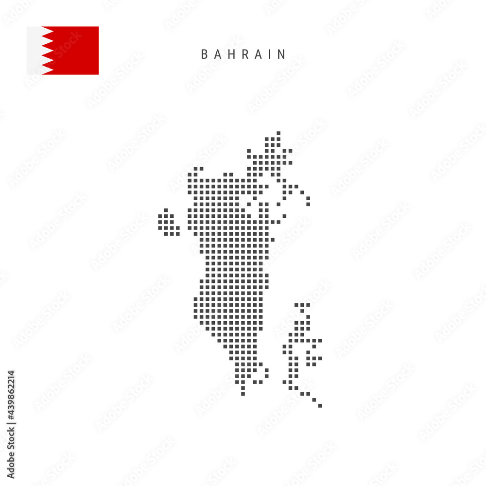 Square dots pattern map of Bahrain. Bahraini dotted pixel map with flag. Vector illustration