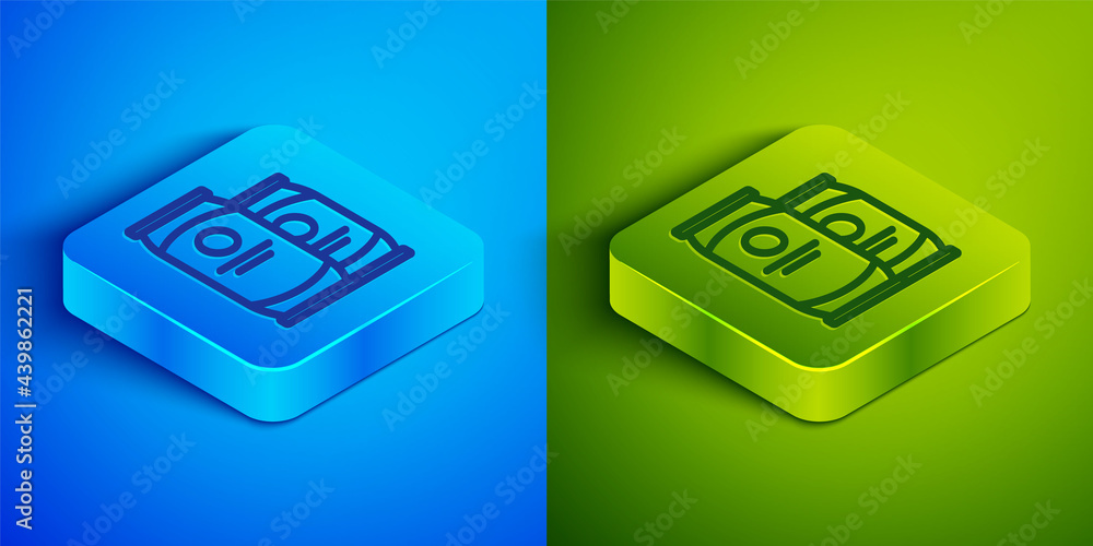 Isometric line Beer can icon isolated on blue and green background. Square button. Vector Isometric line Beer can icon isolated on blue and green background. Square button. Vector