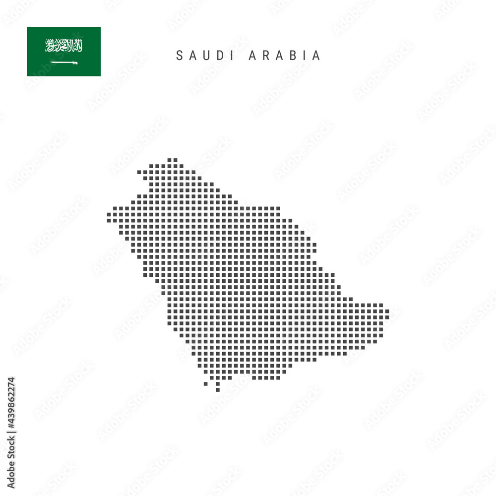 Square dots pattern map of Saudi Arabia. Saudi Arabian dotted pixel map with flag. Vector illustration