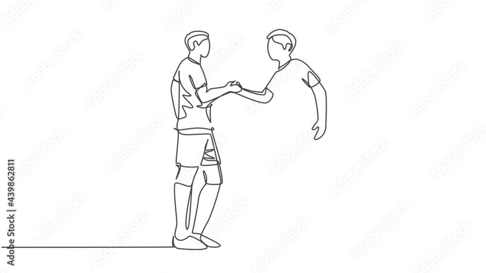Animated self drawing of continuous line draw two football player and handshaking to show sportsmanship before starting the match. Respect in soccer sport concept. Full length one line animation. Animated self drawing of continuous line draw two football player and handshaking to show sportsmanship before starting the match. Respect in soccer sport concept. Full length one line animation.
