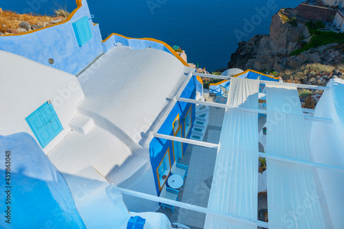 Greece Santorini Island In Cyclades, Wide view of islands sights in Fira white whitewashed colors photo