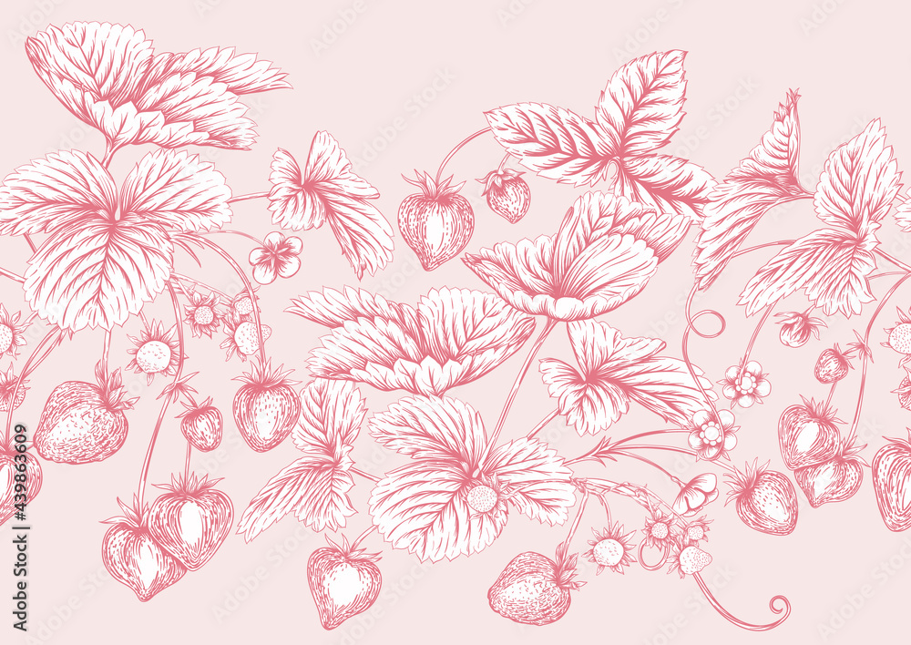 Strawberry. Ripe berries. Seamless pattern, background. Vector illustration. In graphic, egraving, botanical style in soft pink colors..