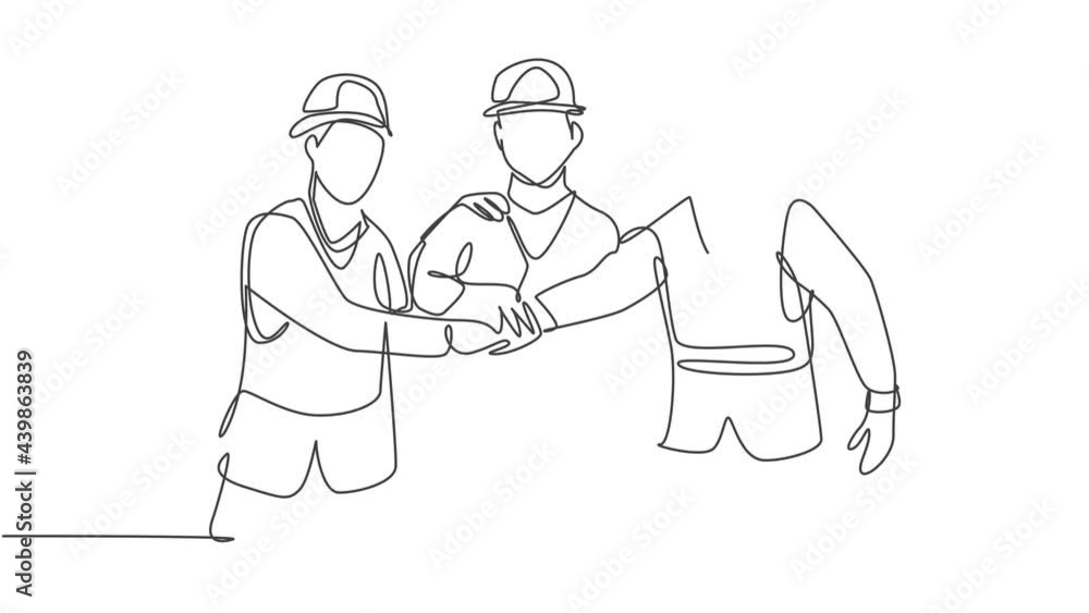 Animation of one line drawing of builder and architect wearing construction vest handshake joining their hands. Great teamwork concept. Continuous line self drawing animated. Full length motion. Animation of one line drawing of builder and architect wearing construction vest handshake joining their hands. Great teamwork concept. Continuous line self drawing animated. Full length motion.