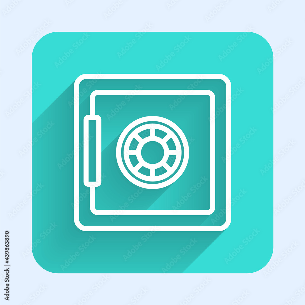 White line Safe icon isolated with long shadow background. The door safe a bank vault with a combination lock. Reliable Data Protection. Green square button. Vector White line Safe icon isolated with long shadow background. The door safe a bank vault with a combination lock. Reliable Data Protection. Green square button. Vector