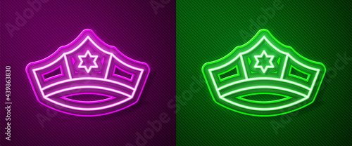 Glowing neon line Police cap with cockade icon isolated on purple and green background. Police hat sign. Vector