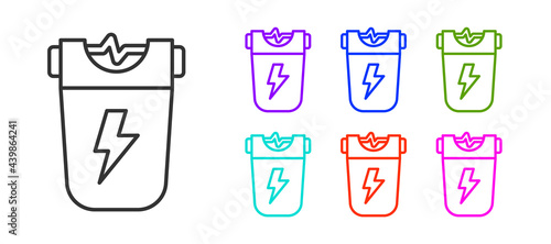 Black line Police electric shocker icon isolated on white background. Shocker for protection. Taser is an electric weapon. Set icons colorful. Vector
