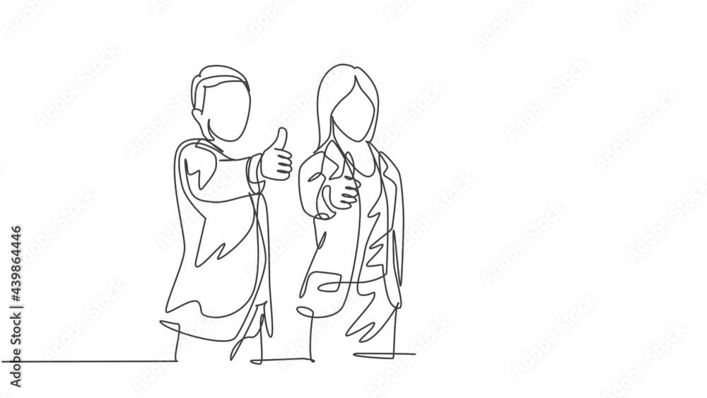 Animation of one line drawing of young businessmen and businesswoman giving thumbs up gesture together. Business teamwork building concept. Continuous line self drawing animated. Full length motion. Animation of one line drawing of young businessmen and businesswoman giving thumbs up gesture together. Business teamwork building concept. Continuous line self drawing animated. Full length motion.