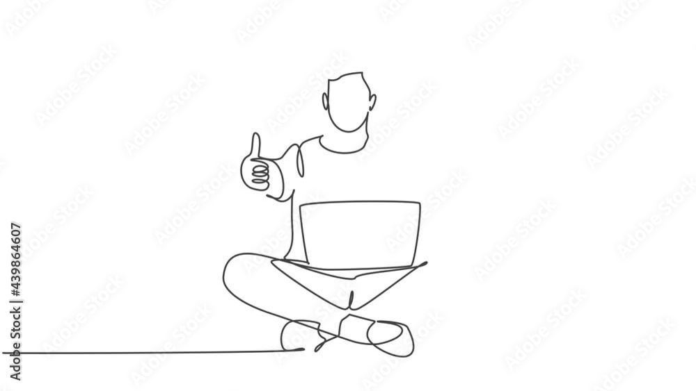 Animation of one line drawing of young male student sitting on the floor while holding laptop. Education on campus university concept. Continuous line self drawing animated. Full length motion. Animation of one line drawing of young male student sitting on the floor while holding laptop. Education on campus university concept. Continuous line self drawing animated. Full length motion.