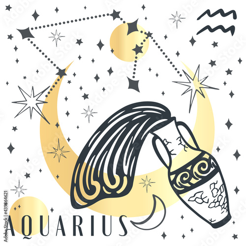 Zodiac aquarius boho magical vintage distressed art symbol or label. Horoscope sign line art silhouette design vector illustration. Creative decorative elegant astrology zodiac emblem