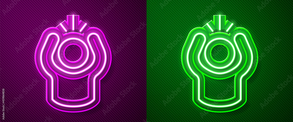Glowing neon line Anger icon isolated on purple and green background. Anger, rage, screaming concept. Vector Glowing neon line Anger icon isolated on purple and green background. Anger, rage, screaming concept. Vector